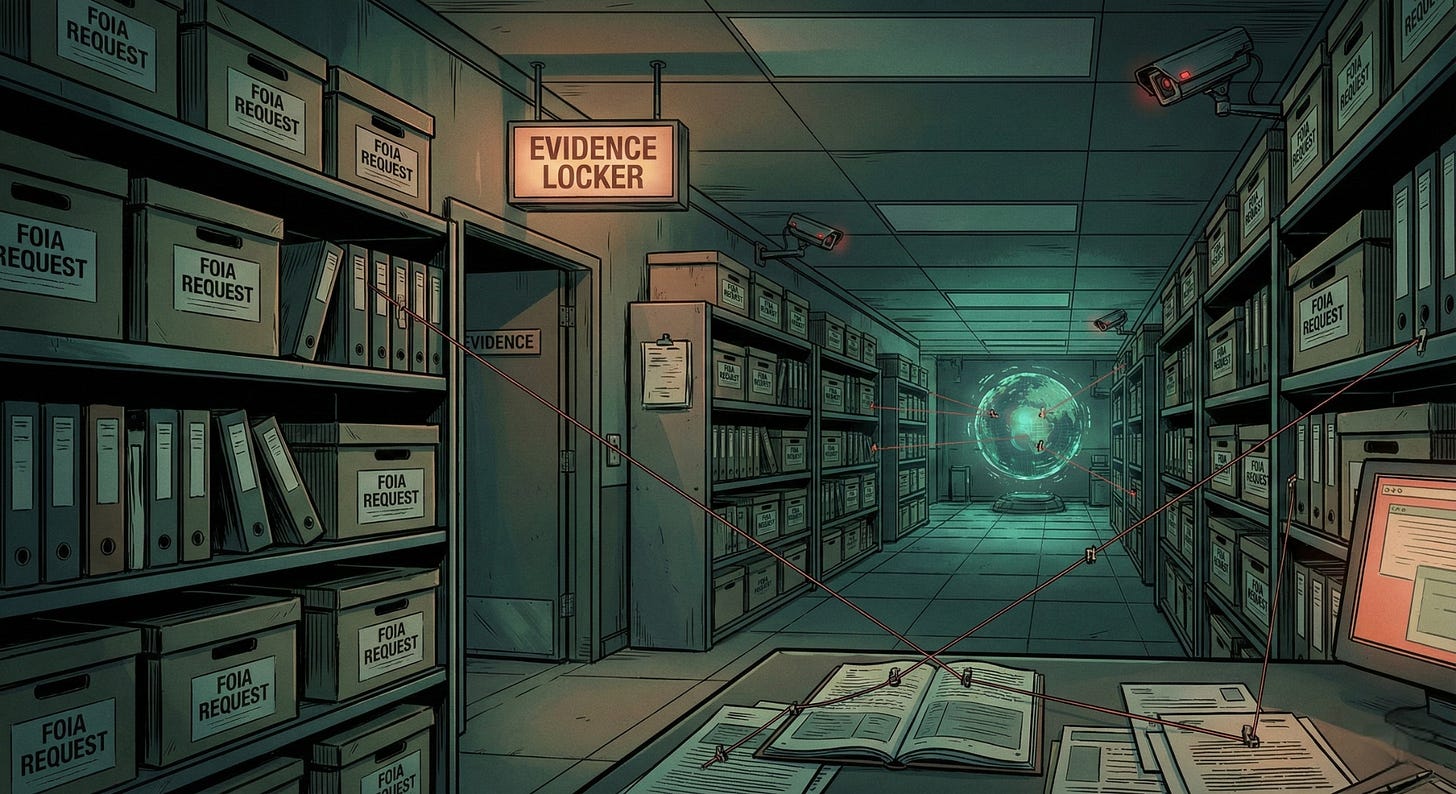 A cinematic, low-angle illustration of a dimly lit, infinite government archive room. Rows of metal shelves stretch into the distance, packed with boxes labeled with dates and codes. In the center, a glowing teal holographic projection of a data network floats above the floor, illuminating the dust. The atmosphere is secretive and noir, suggesting hidden bureaucracy and surveillance.