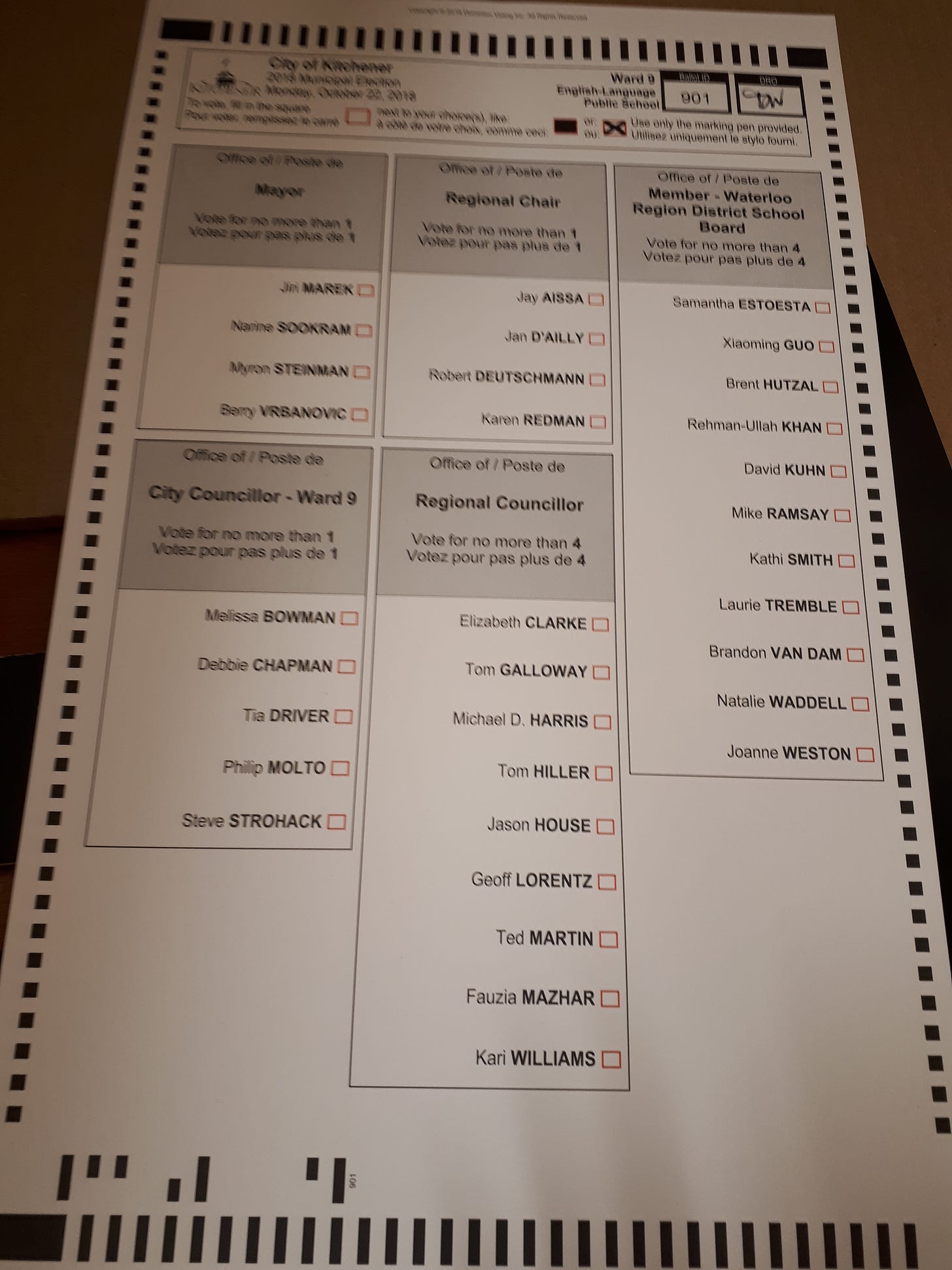 Voting ballot from 2018 Kitchener ward 9, outlining the dozens of names of people one could vote for.