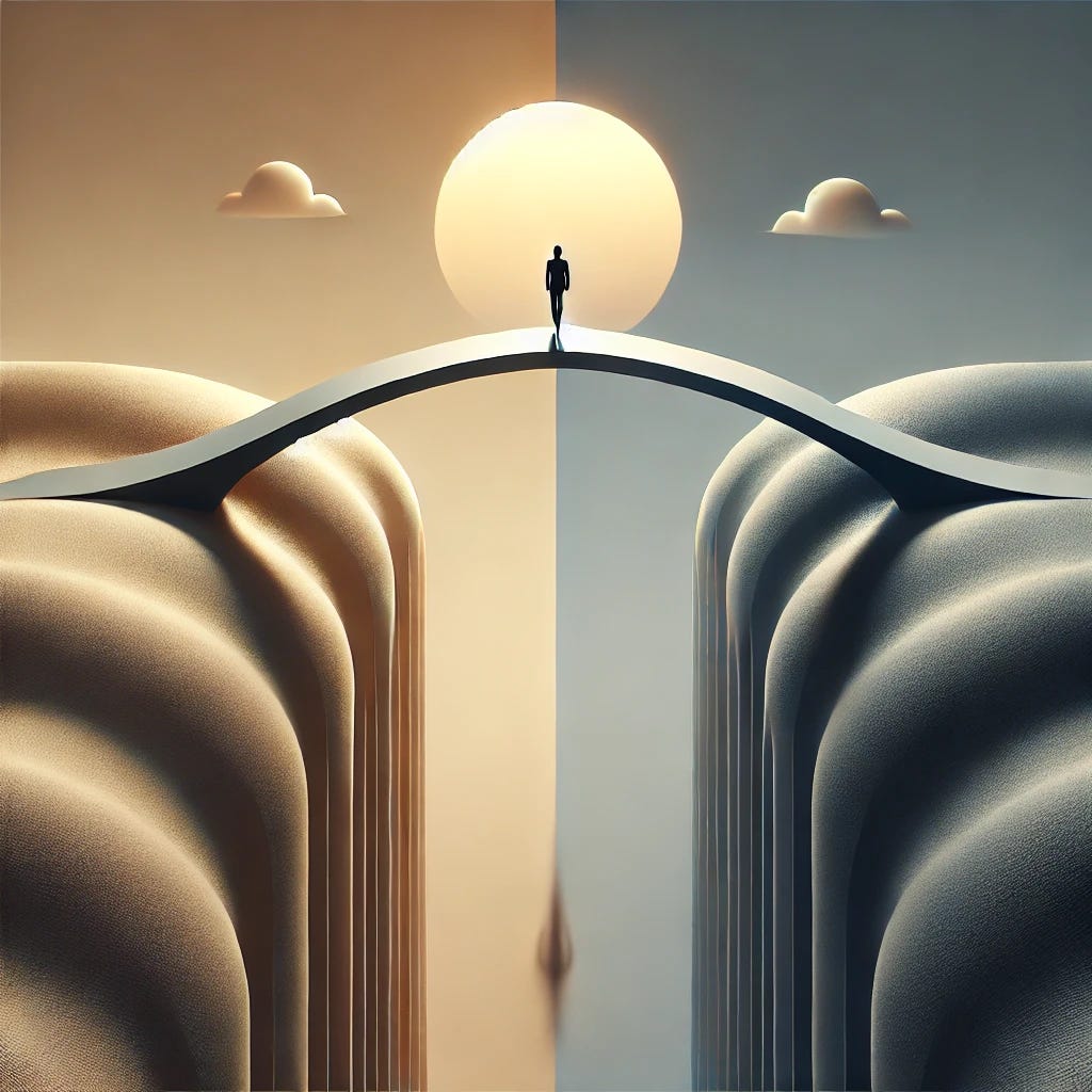 A minimalist, symbolic digital artwork depicting the balance of pleasure and pain. A lone figure stands at the center of a smooth, arched bridge between two contrasting landscapes: one side with soft, warm light symbolizing comfort and peace, the other side with a rugged, shadowed terrain symbolizing challenge and growth. The figure casts an elongated shadow, showing the interplay of struggle and triumph. The style is clean, abstract, and thought-provoking, evoking balance and introspection.