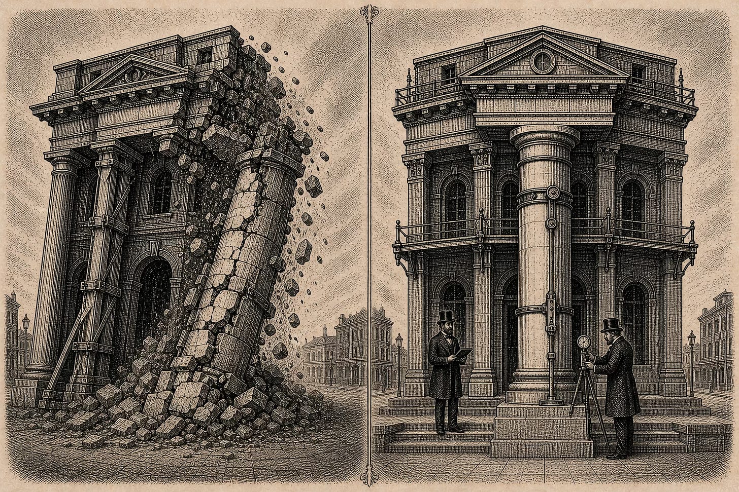 Wood-engraving editorial illustration in the Thomas Nast Harper's Weekly style for Attention Capital's essay Free Streaming, Expensive Underwriting. A horizontally divided composition shows the same 19th century commercial building in two parallel versions. The left half depicts the historical collapse with the third overloaded column cracked and masonry tumbling. The right half depicts the counterfactual: the same building intact on a single appropriately sized column with covenant-style measuring instruments mounted on the exterior and a calm banker inspecting a small ledger. The composition visualizes what changes when capital matches cash flow: the same FAST asset, financed with disciplined senior secured credit and covenant monitoring rather than acquisition debt against forward growth, produces an entirely different outcome. Wood-engraving editorial illustration in the Thomas Nast Harper's Weekly style for Attention Capital's essay Free Streaming, Expensive Underwriting. A horizontally divided composition shows the same 19th century commercial building in two parallel versions. The left half depicts the historical collapse with the third overloaded column cracked and masonry tumbling. The right half depicts the counterfactual: the same building intact on a single appropriately sized column with covenant-style measuring instruments mounted on the exterior and a calm banker inspecting a small ledger. The composition visualizes what changes when capital matches cash flow: the same FAST asset, financed with disciplined senior secured credit and covenant monitoring rather than acquisition debt against forward growth, produces an entirely different outcome.