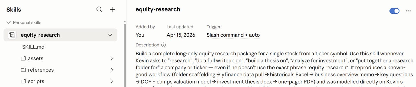 equity-research skill added to the Claude Cowork skill list