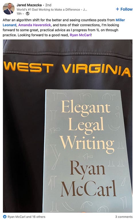 More social media posts and notes about Ryan McCarl's Elegant Legal Writing