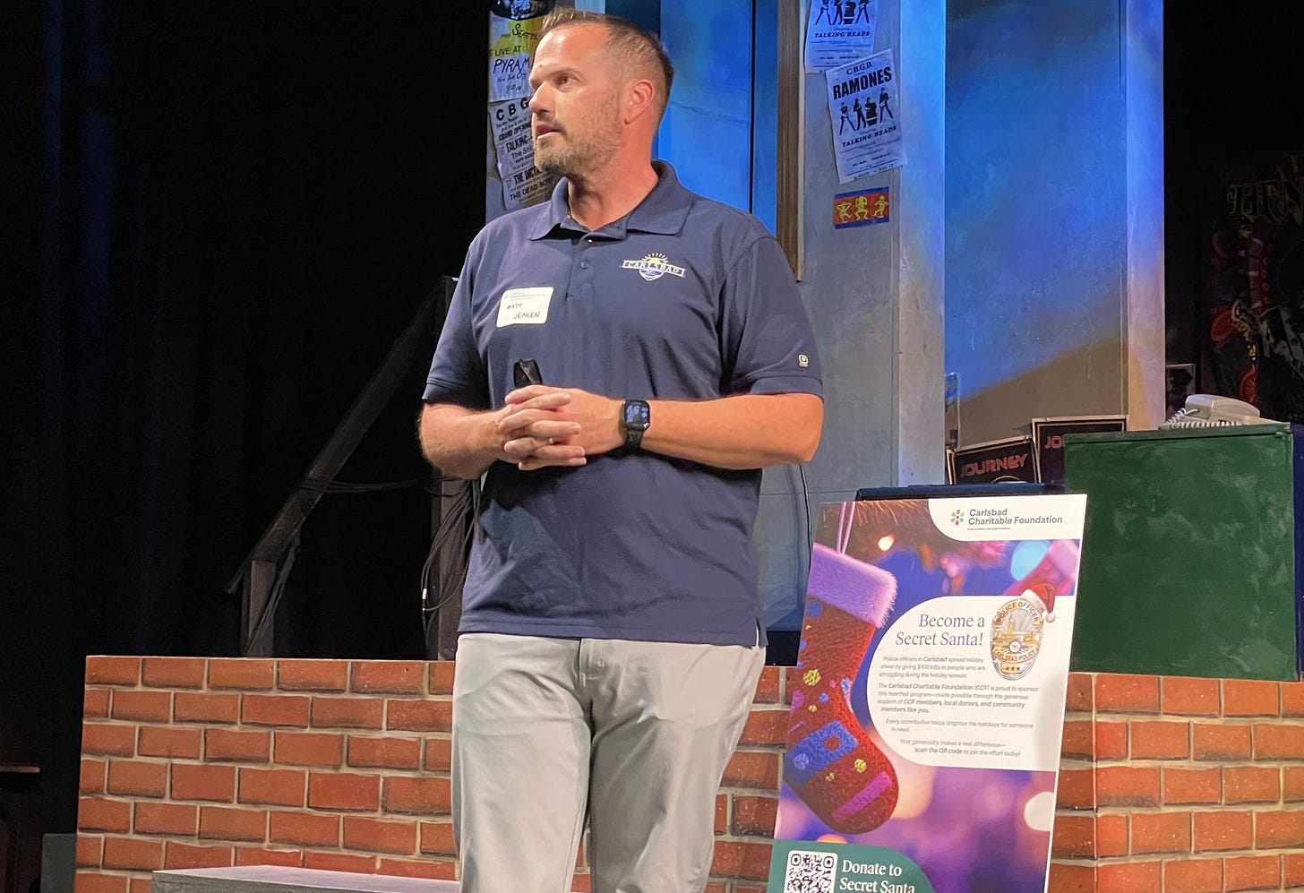Carlsbad Police Sgt. Matt Jencen speaks about the Secret Santa program in partnership with the Carlsbad Charitable Foundation on Oct. 30 at New Village Arts. CCF donates money to CPD, who then gives the funds to residents during the holiday season. Steve Puterski photo