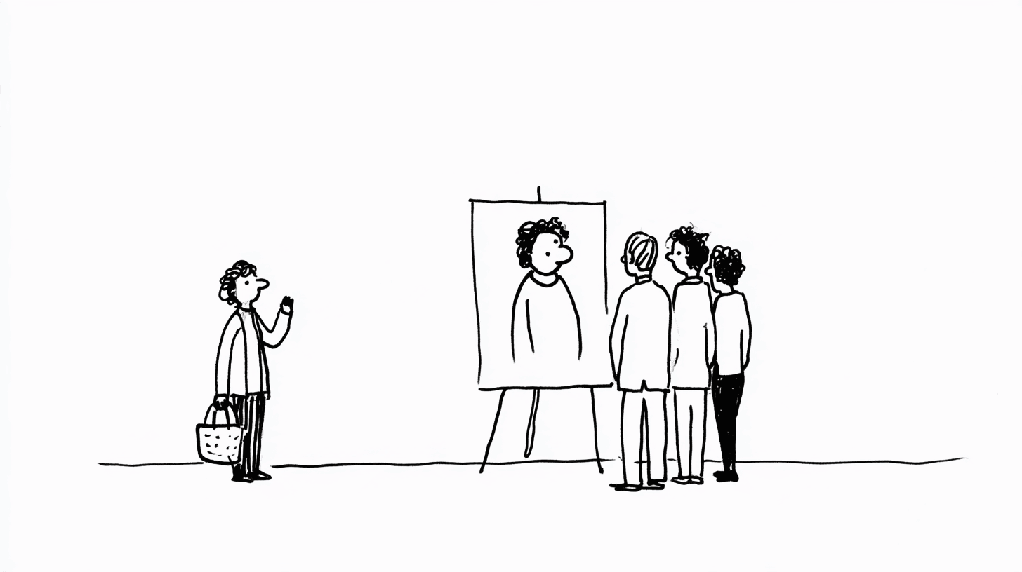 A woman with a shopping basket stands alone on the left waving for attention, while three office workers on the right admire a large framed portrait of her on an easel.