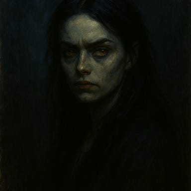 Create a dark fantasy portrait of Sasha Ivliskova based on her defined visual palette. She has soft but striking features with expressive eyes that flicker between vulnerability and feral intensity. Her hair is tousled, wild, and dark blonde or light brown, catching torchlight. Her expression is unreadable—she could kiss or kill with equal sincerity. Her outfit includes distressed fabrics in ash gold, storm-gray, blood-rose, and torn black, with asymmetrical cuts and loose corsetry. She wears sentimental or stolen jewelry—a ribbon, a charm, a ring. The background is shadowy and atmospheric, with flickering torchlight and stone walls. The mood is volatile, magnetic, and unpredictable.