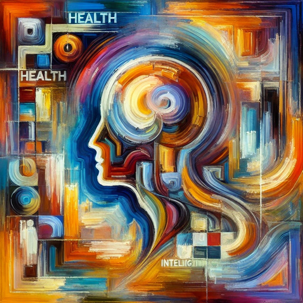 An abstract, vibrant oil painting featuring thick, dynamic brush strokes symbolizing philosophical concepts of health, intelligent bodily adaptation, and critical examination of medical doctrines. Rich, harmonious colors blend into abstract shapes without including any text, letters, words, human figures, or explicit medical imagery. The composition evokes introspection, thoughtful reflection, and a sense of harmony and inquiry.