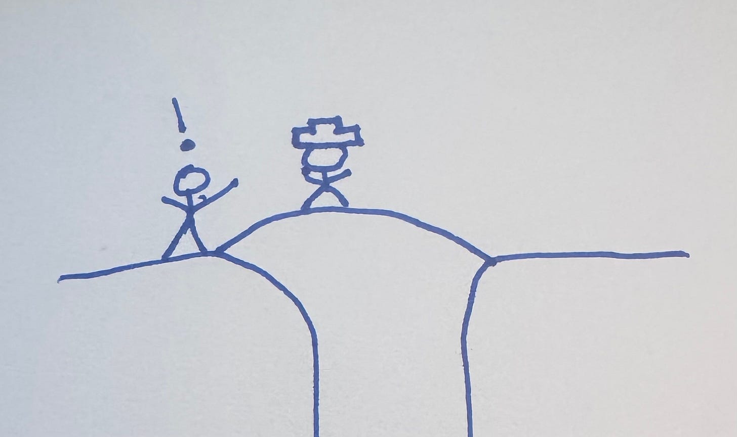 Now the other person has jumped right to my side of the chasm Now the other person has jumped right to my side of the chasm