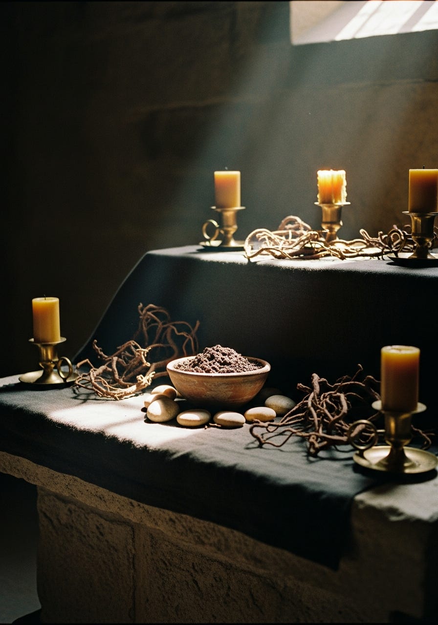 A low-angle, photorealistic image of an ancient stone altar covered in dark linen, featuring unlit beeswax candles, a clay bowl with earth, river stones, and dried roots, illuminated by a single shaft of golden light, evoking a solemn ritual.