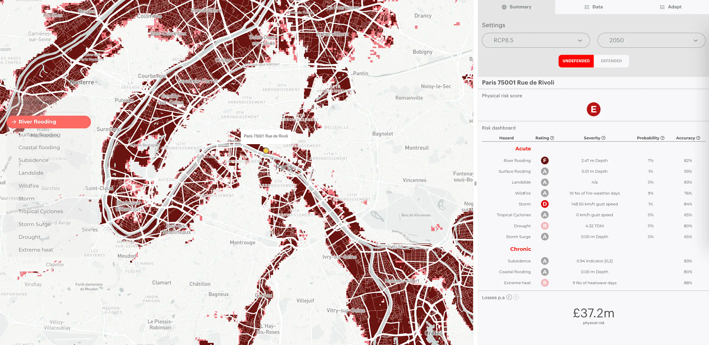 Climate X Spectra - Granular flood Map of Paris (RCP 8.5 - 2050 - undefended) with projection of financial losses for one asset.