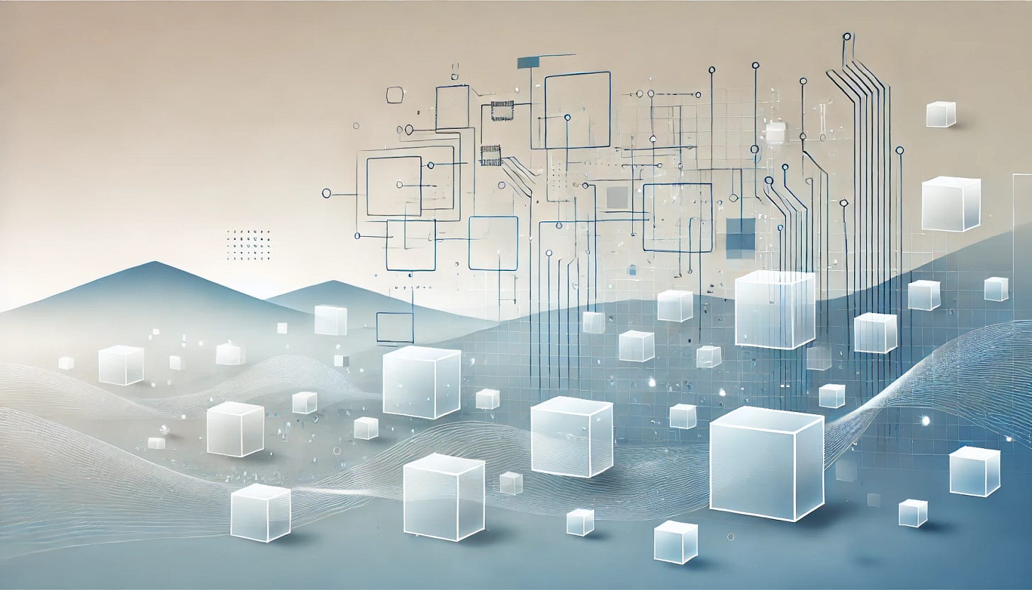 A minimalist landscape image representing software development, featuring clean geometric shapes like squares and rectangles symbolizing code blocks, with soft gradients in shades of blue and white. Abstract circuit lines weave subtly across the background, hinting at technology and innovation. The overall design is sleek and uncluttered, conveying a modern and professional aesthetic.