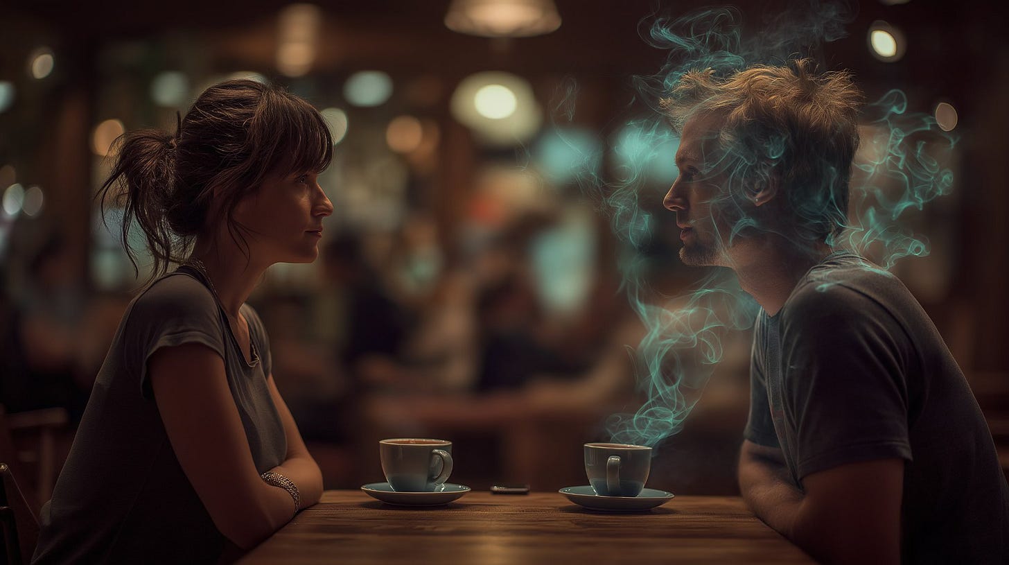 A woman and a man sit across from each other at a café table, each with a cup of coffee. Soft teal smoke rises around the man’s face, hinting at something otherworldly, while the woman watches him intently in the warm, blurred light of the café.