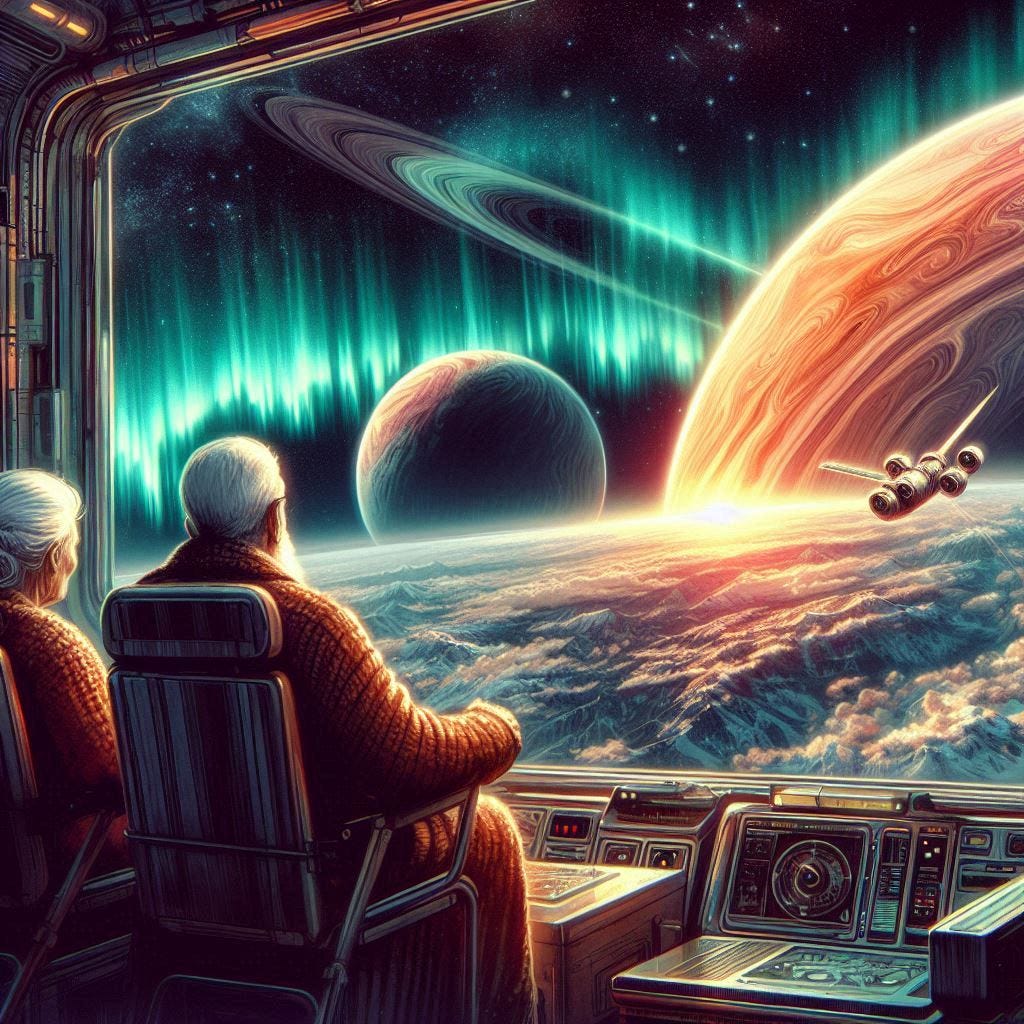 elderly couple watching Neptune Aurora from space station, sci-fi drawing
