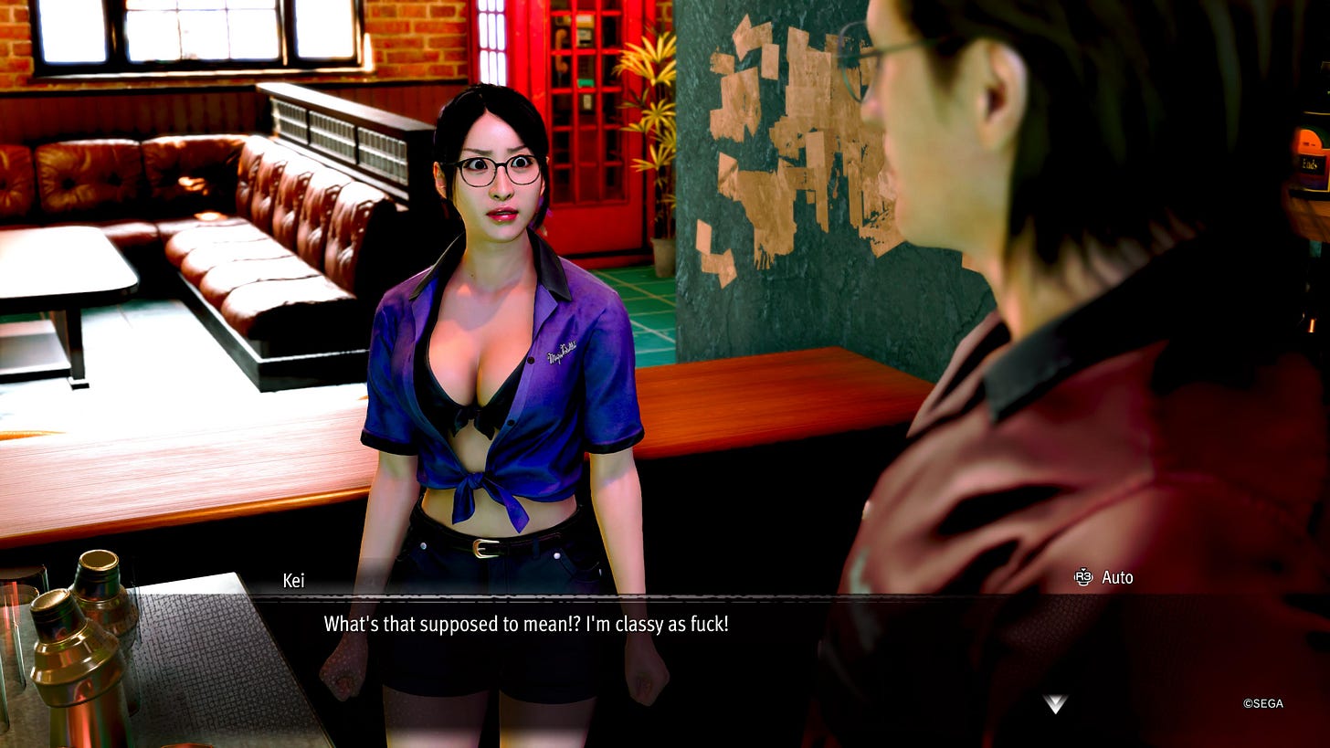 The character Kei staring at the bartender with an angry expression, who says, "What's that supposed to mean!? I'm classy as fuck!"