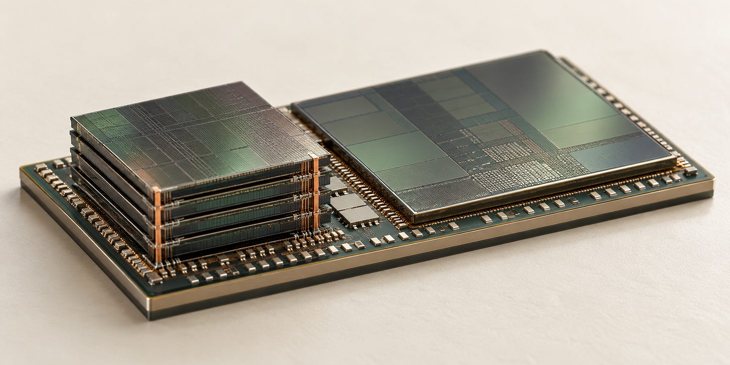 Conceptual semiconductor package showing a GPU and stacked HBM on an interposer