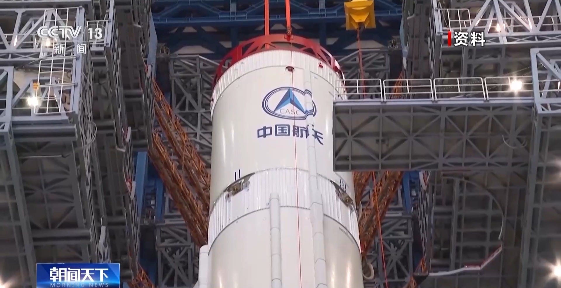 The Long March 5B Y6 vehicle during launch preparations inside the Wenchang Space Launch Site’s vehicle assembly building. The Long March 5B Y6 vehicle during launch preparations inside the Wenchang Space Launch Site’s vehicle assembly building.