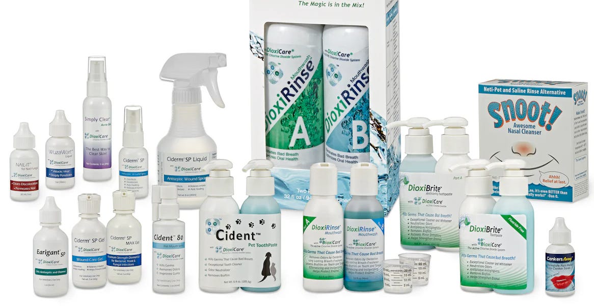 Chlorine dioxide products for mouthwash, ear infections, cuts, and more