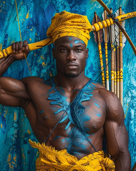 Handsome Muscular Yoruba warrior - king in Yellow - Blue regal robes bow - arrows abstract colorful backdrop in Studio, editorial photography --ar 4:5 --s 250 --v 6.0