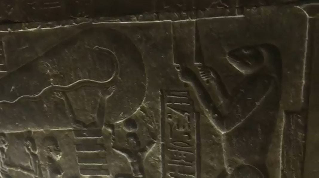 Dendara Lightbulb - Sobek slaughtering humans to use their blood as batteries to light the chambers beneath the pyramids in Egypt