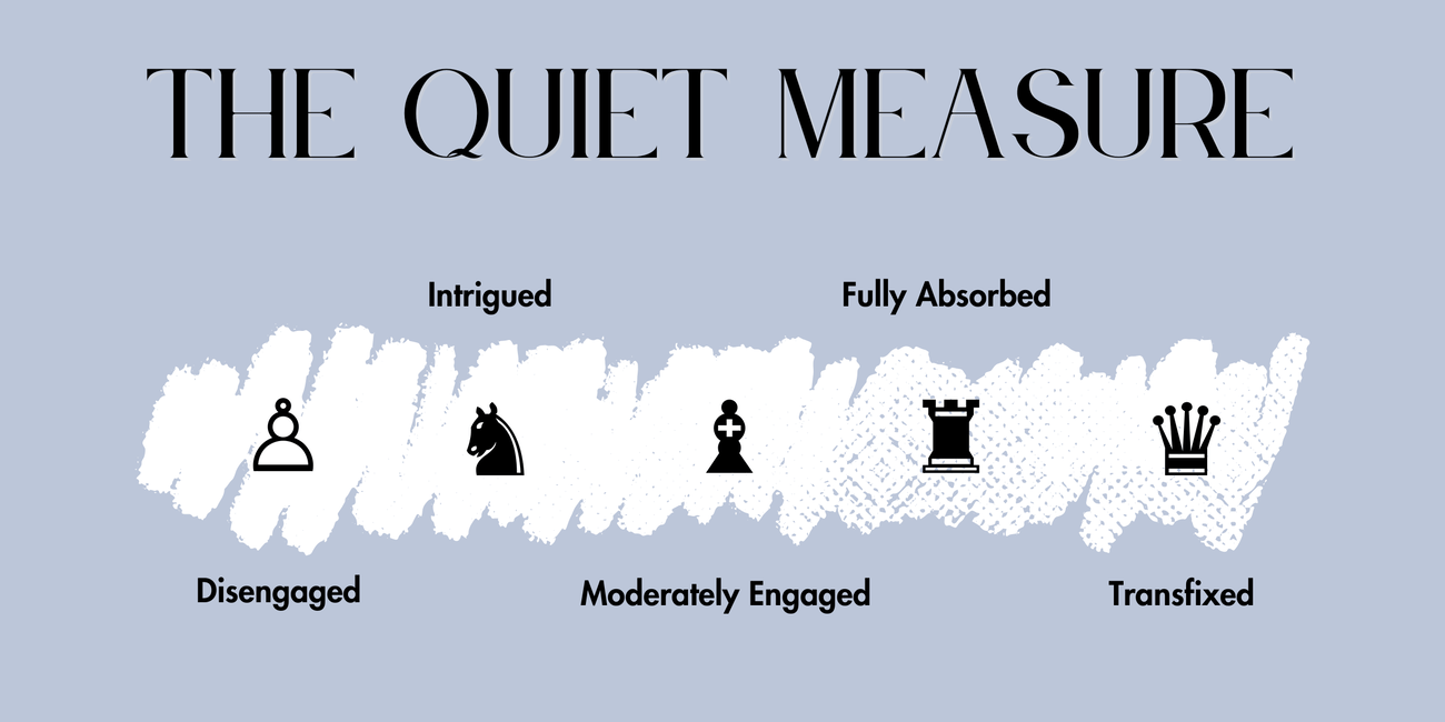 A horizontal engagement scale titled “The Quiet Measure” for The Subtext Review’s Literary Review section, featuring five chess piece icons from pawn to queen, representing degrees of reader immersion from “Disengaged” to “Transfixed.” A horizontal engagement scale titled “The Quiet Measure” for The Subtext Review’s Literary Review section, featuring five chess piece icons from pawn to queen, representing degrees of reader immersion from “Disengaged” to “Transfixed.”