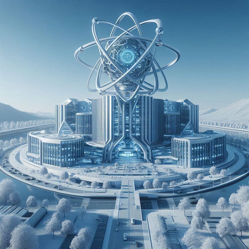 Image of a futuristic university with a huge atom structure on top