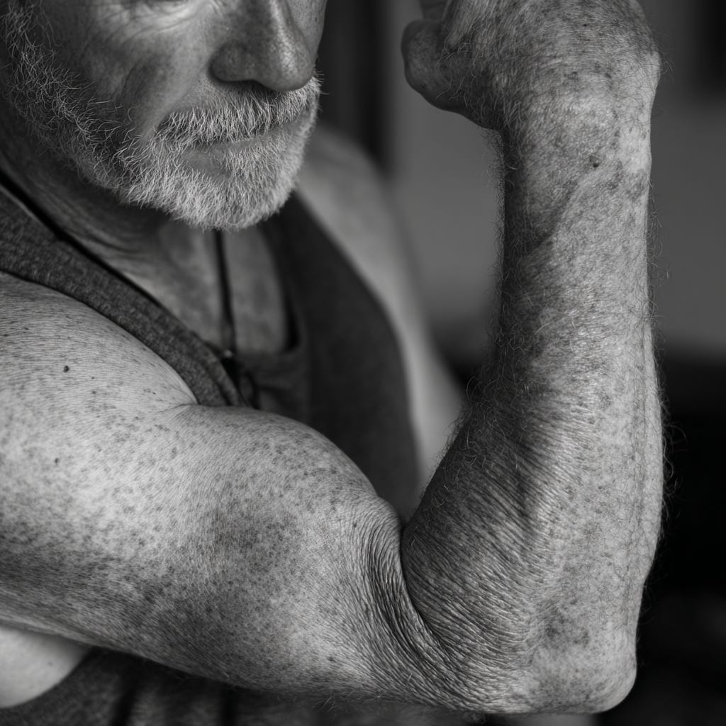 Older gentleman flexing his biceps black and white. Older gentleman flexing his biceps black and white.
