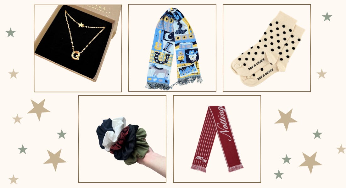 A graphic with green and gold stars and a necklace, a western scarf, socks, scrunchies, and a red scarf on it A graphic with green and gold stars and a necklace, a western scarf, socks, scrunchies, and a red scarf on it