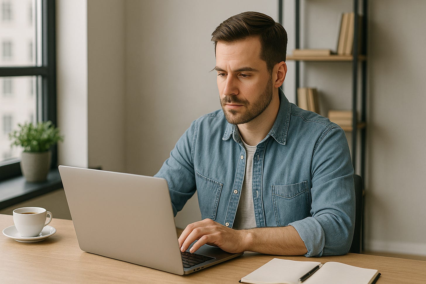 Bărbat concentrat lucrând pe laptop într-un birou modern, cu lumină naturală, o ceașcă de cafea și un carnețel deschis – simbolizând procesul de redactare a unui prompt eficient