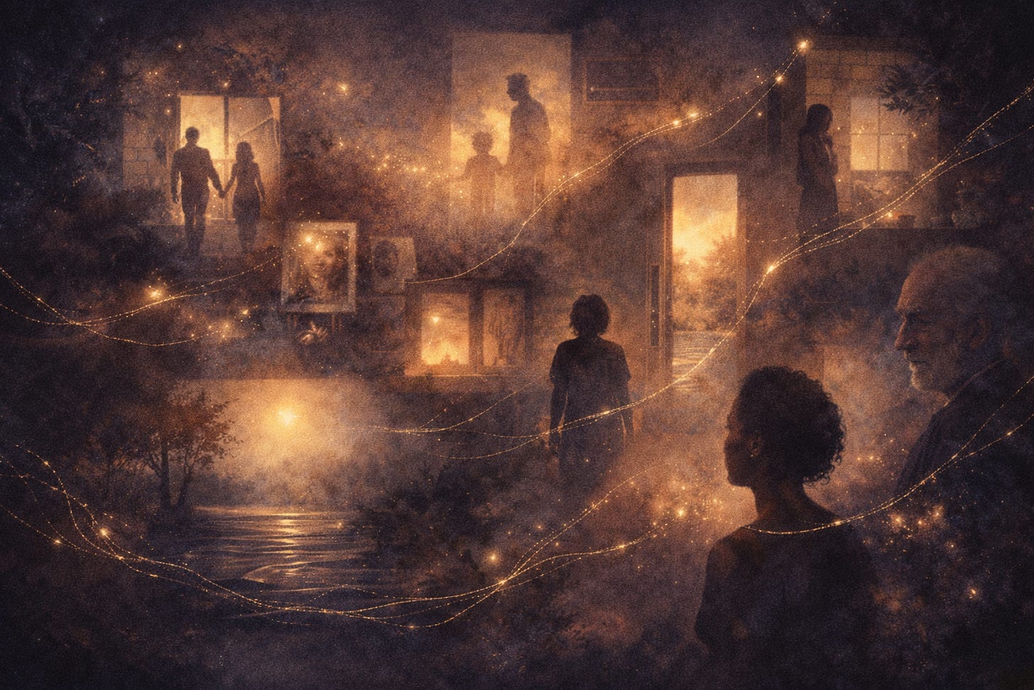 Hand-painted artwork showing memory as a living reconstruction rather than a fixed archive, with partial scenes and luminous fragments being softly stitched into the present by fine golden threads.