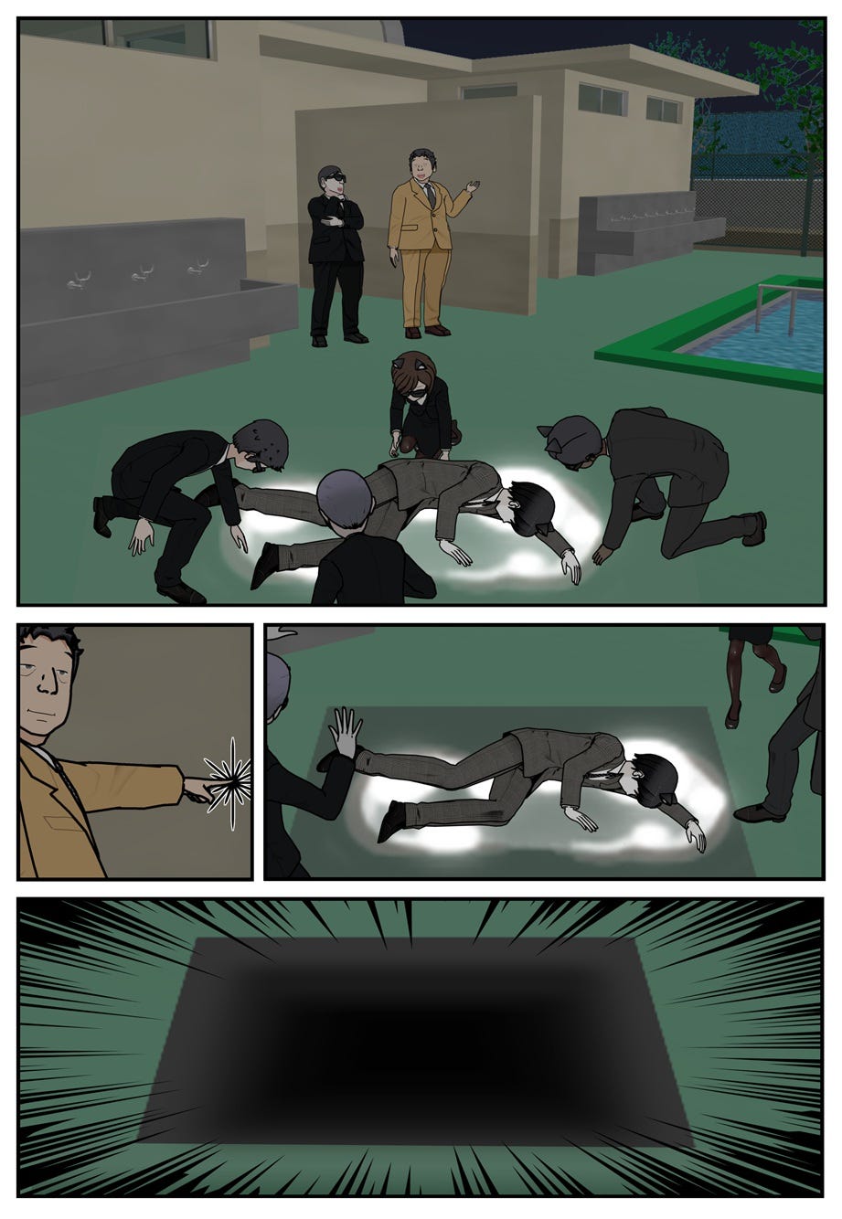 Rake Deadhand laughs with Avarus Mammony in the background as agents surround the unconscious Ace brought to the surface. Mammony pushes a button to a hidden trapdoor which takes Ace into darkness.