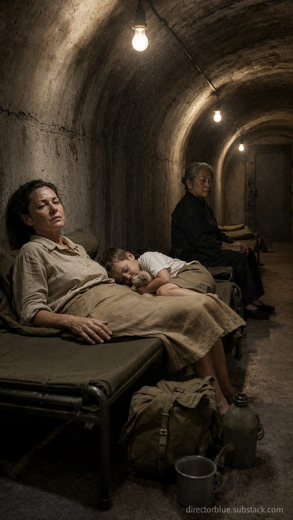 IMAGE PROMPT FOR UNIVERSITY HISTORY CLASS REENACTMENT 1942 CORREGIDOR REENACTMENT: 9x16 vertical portrait format. Photographic, hyperrealistic image with the quality of a modern fullframe mirrorless camera at ISO 800. Interior of a narrow concrete lateral tunnel, approximately eight feet wide and seven feet tall with a curved reinforced ceiling, lit by a string of bare incandescent bulbs casting harsh yellow pools of light and deep shadows. In the foreground, a 43yearold Caucasian woman — Jean MacArthur — lies on a narrow olivedrab canvas military cot, just waking, eyes halfopen, her face illuminated by the nearest bulb. She is petite, 5’2”, slender and slightly gaunt from months of reduced rations, dark brown hair pinned in a low rolled chignon at the nape of her neck with loose damp wisps clinging to her forehead and temples, brown eyes, high cheekbones, fair skin lightly tanned and lined with fatigue, no makeup, wearing a wrinkled beigekhaki cotton blouse and khaki Aline skirt, a plain gold wedding band on her left hand. Beside her on the cot, a small fouryearold boy — Arthur MacArthur IV — sleeps curled in a fetal position, light brown hair cropped short, round face with closed eyes, fair skin, wearing a white cotton shortsleeve shirt and khaki short pants, clutching a small stuffed toy animal against his chin. On an adjacent cot one foot away, a Chinese woman in her mid50s — Ah Cheu — sits upright with rigid posture, short and stout, irongray hair pulled tight in a low bun, round weathered face, dark brown eyes alert and watchful, wearing a traditional black cotton samfoo mandarincollared top and loose trousers, flat black cloth shoes. The tunnel walls are raw graybrown concrete with moisture stains and hairline cracks. A fine mist of concrete dust sifts visibly from the ceiling. On the floor between the cots: a small olivedrab canvas musette bag, a tin cup, a canteen. The atmosphere is claustrophobic, humid, oppressive. A subtle but visible watermark in the lowerright corner reads “directorblue.substack.com.” IMAGE PROMPT FOR UNIVERSITY HISTORY CLASS REENACTMENT 1942 CORREGIDOR REENACTMENT: 9x16 vertical portrait format. Photographic, hyperrealistic image with the quality of a modern fullframe mirrorless camera at ISO 800. Interior of a narrow concrete lateral tunnel, approximately eight feet wide and seven feet tall with a curved reinforced ceiling, lit by a string of bare incandescent bulbs casting harsh yellow pools of light and deep shadows. In the foreground, a 43yearold Caucasian woman — Jean MacArthur — lies on a narrow olivedrab canvas military cot, just waking, eyes halfopen, her face illuminated by the nearest bulb. She is petite, 5’2”, slender and slightly gaunt from months of reduced rations, dark brown hair pinned in a low rolled chignon at the nape of her neck with loose damp wisps clinging to her forehead and temples, brown eyes, high cheekbones, fair skin lightly tanned and lined with fatigue, no makeup, wearing a wrinkled beigekhaki cotton blouse and khaki Aline skirt, a plain gold wedding band on her left hand. Beside her on the cot, a small fouryearold boy — Arthur MacArthur IV — sleeps curled in a fetal position, light brown hair cropped short, round face with closed eyes, fair skin, wearing a white cotton shortsleeve shirt and khaki short pants, clutching a small stuffed toy animal against his chin. On an adjacent cot one foot away, a Chinese woman in her mid50s — Ah Cheu — sits upright with rigid posture, short and stout, irongray hair pulled tight in a low bun, round weathered face, dark brown eyes alert and watchful, wearing a traditional black cotton samfoo mandarincollared top and loose trousers, flat black cloth shoes. The tunnel walls are raw graybrown concrete with moisture stains and hairline cracks. A fine mist of concrete dust sifts visibly from the ceiling. On the floor between the cots: a small olivedrab canvas musette bag, a tin cup, a canteen. The atmosphere is claustrophobic, humid, oppressive. A subtle but visible watermark in the lowerright corner reads “directorblue.substack.com.”