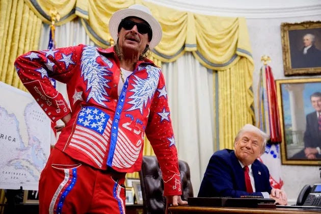 Kid Rock joined President Donald Trump in the Oval Office to discuss concert-ticket gouging — and showed up in an outrageous suit. - Credit: Andrew Harnik/Getty Images Kid Rock joined President Donald Trump in the Oval Office to discuss concert-ticket gouging — and showed up in an outrageous suit. - Credit: Andrew Harnik/Getty Images