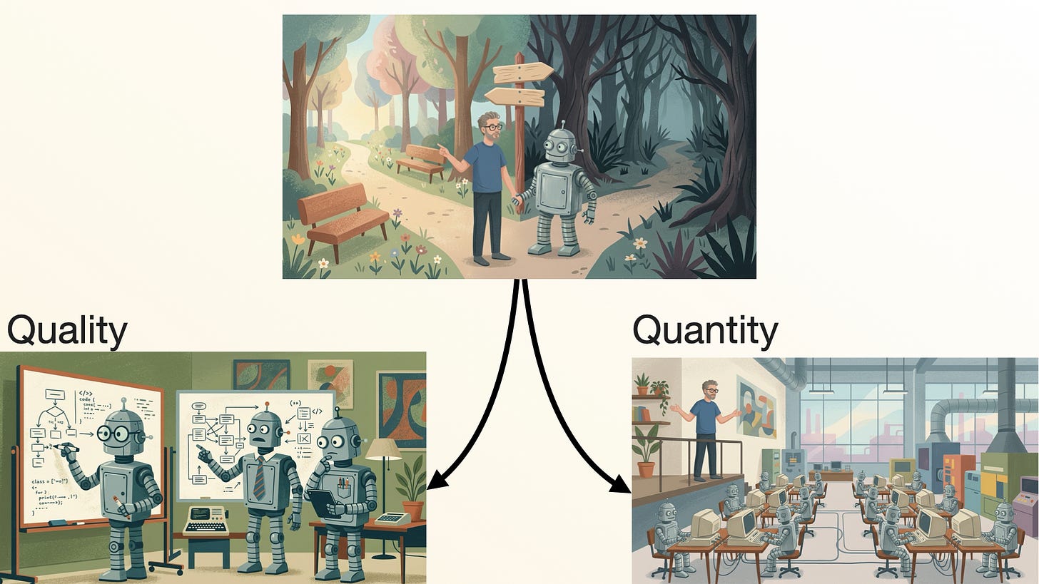 Illustration: "Quality vs Quantity" — the forking-path image above the whiteboard robots (quality) and the robot factory (quantity) Illustration: "Quality vs Quantity" — the forking-path image above the whiteboard robots (quality) and the robot factory (quantity)