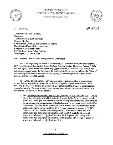 DIA letter on Flynn to Chaffetz and Cummings dated April 7, 2017