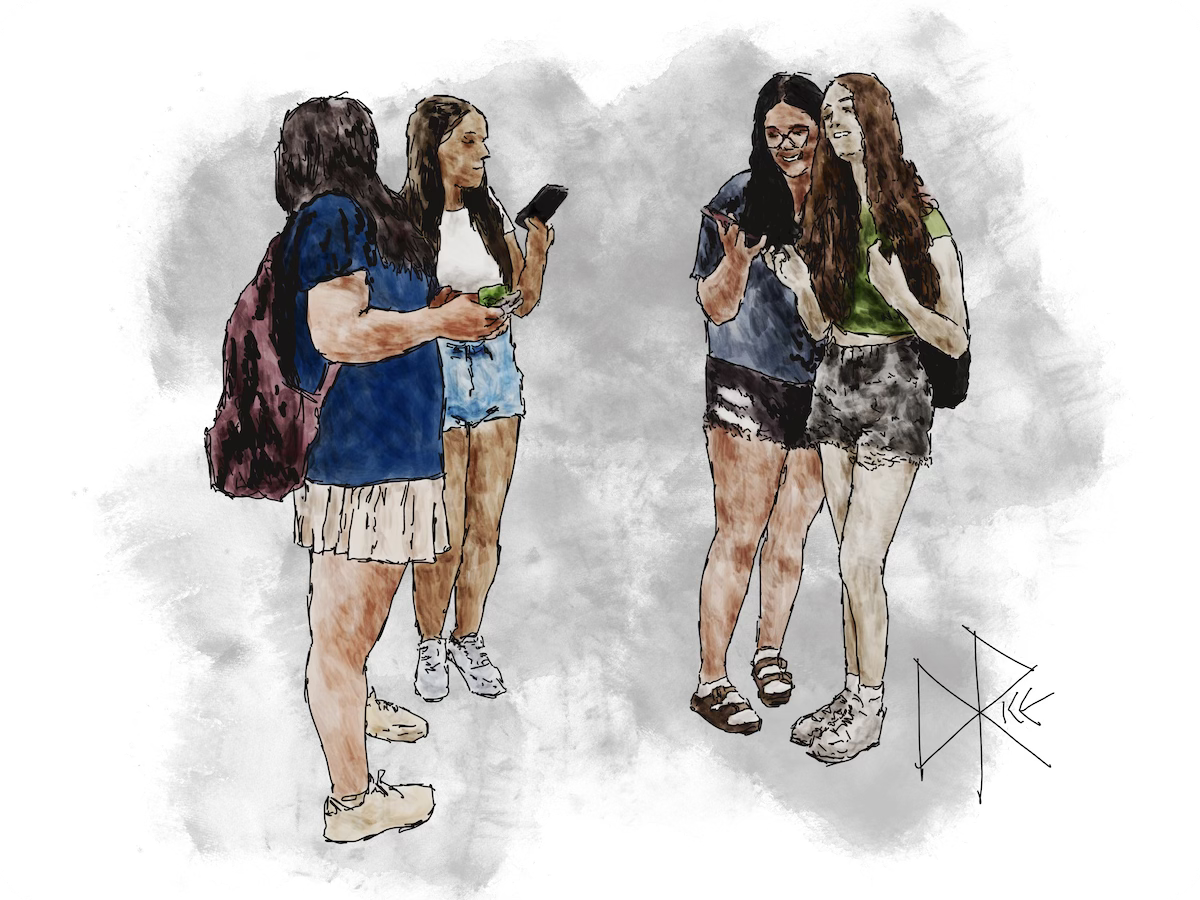A group of teen girls standing around, laughing and scrolling as they peer at their phones. Sketch art by Don Rice. A group of teen girls standing around, laughing and scrolling as they peer at their phones. Sketch art by Don Rice.