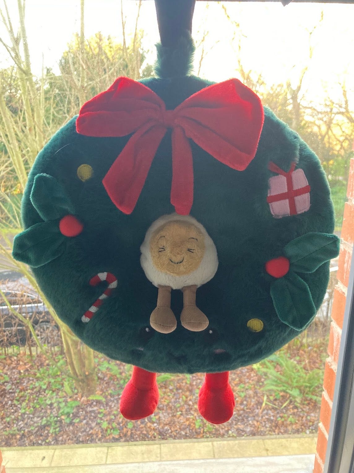 Dippy sitting in the middle of a cuddly toy christmas wreath