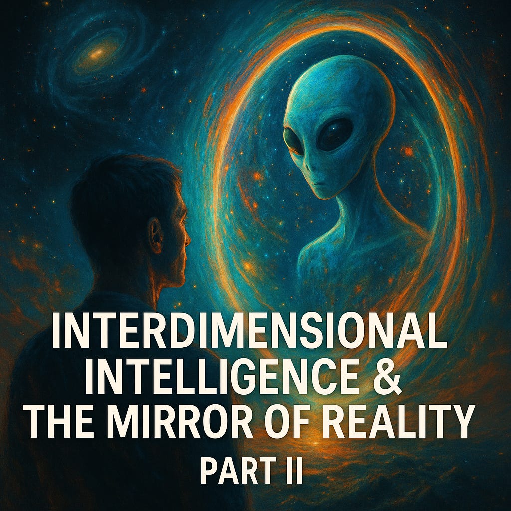 A human and an alien being gaze at each other through a glowing, cosmic portal framed by stars and galaxies, representing interdimensional connection and the Mirror Paradigm concept of shared recognition fields.