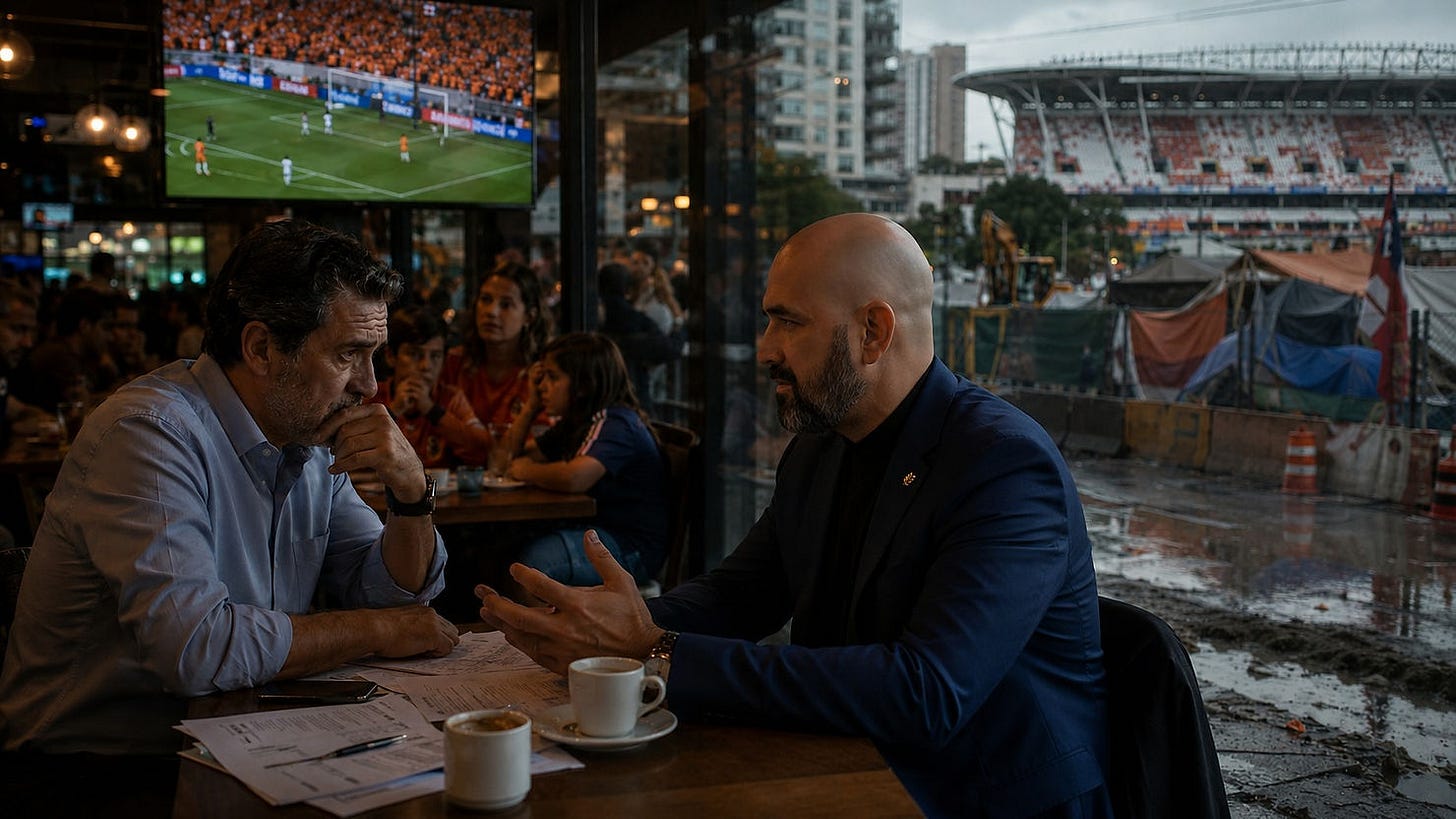 Dos empresarios conversan seriamente en un restaurante mientras en una pantalla se transmite un partido del Mundial; afuera se observa una ciudad lluviosa con obras, vallas y un estadio al fondo.