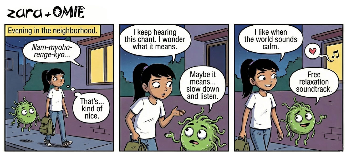 Zara hears a peaceful chant from a neighbor’s window and stops to listen quietly with Omie.