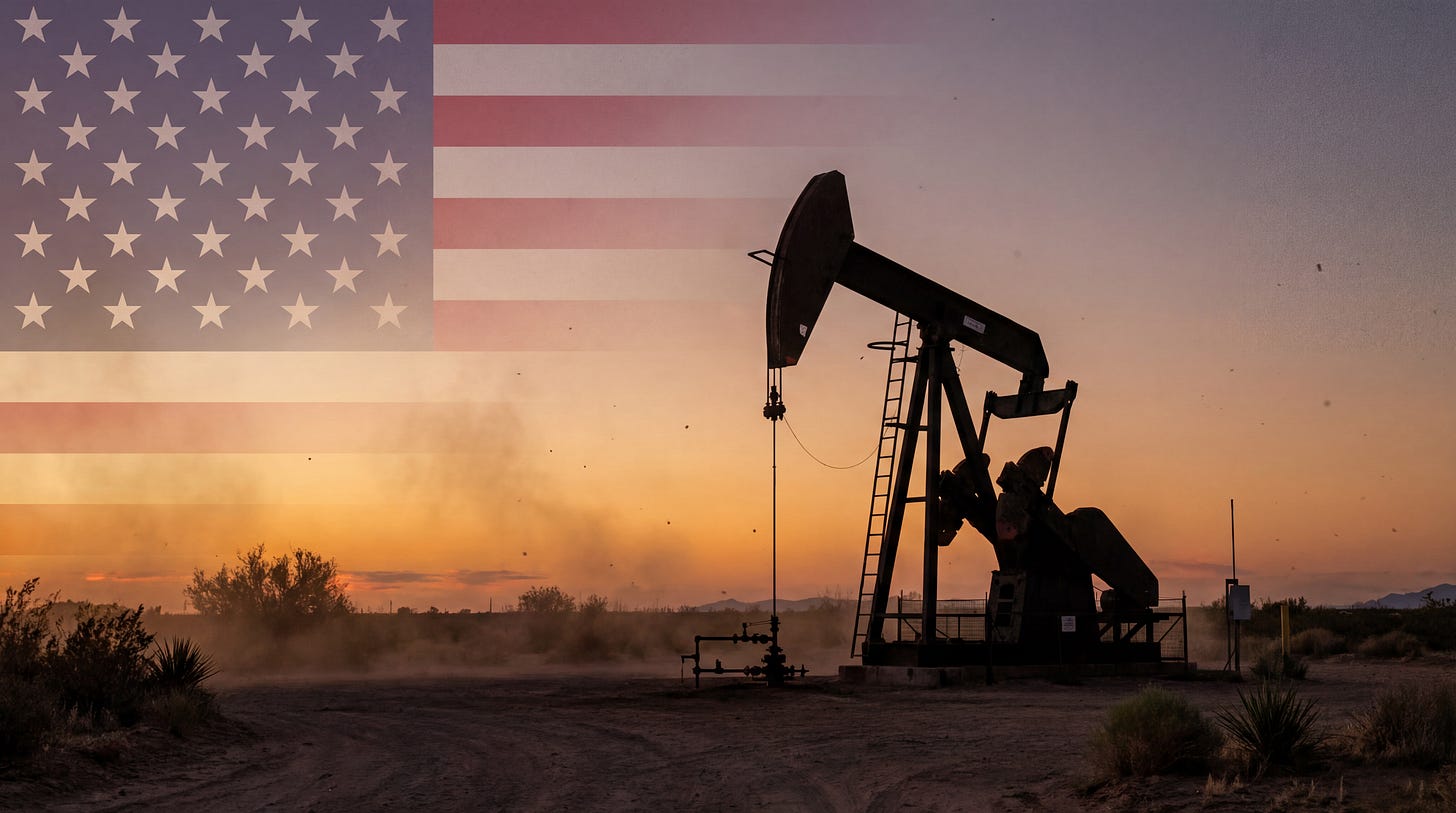AI-generated illustration of an oil rig in the desert drilling with an american flag transpaent in the sky, symbolizing the U.S.-UAE partnership. 