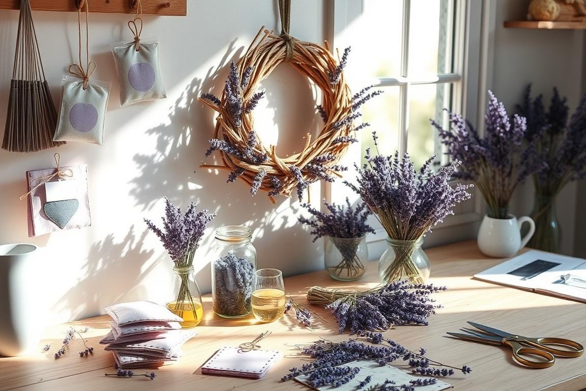 A lavender wreath with bouquets of lavender on a desk by a window.