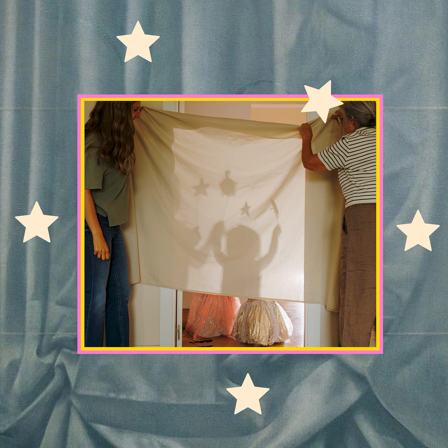 Two people hold up a sheet to create a shadow puppet screen, with children performing silhouettes visible through the fabric.