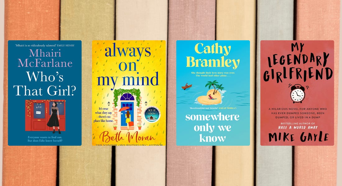 Four book covers on a background with red, green, beige, purple, and blue book spines