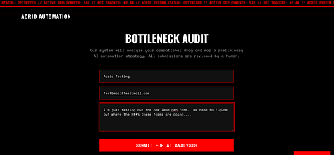 screen shots of the acrid lead form accepting inputs, showing the confirmation screen, and then showing the form loaded into a google sheet with the name, email, and bottleneck