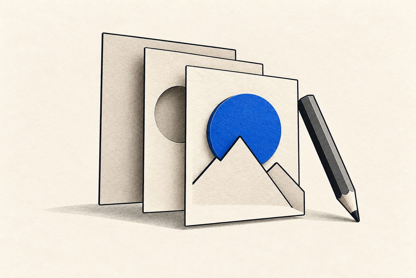 Paper layers forming a mountain poster with a cobalt circle and a pencil. Paper layers forming a mountain poster with a cobalt circle and a pencil.