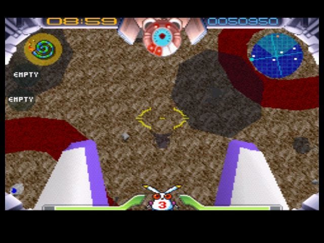 A screenshot from Jumping Flash! showing off the viewpoint change after a multi-jump. Robbit's shadow is now visible on the ground, and his feet are seen since you're now looking downward.
