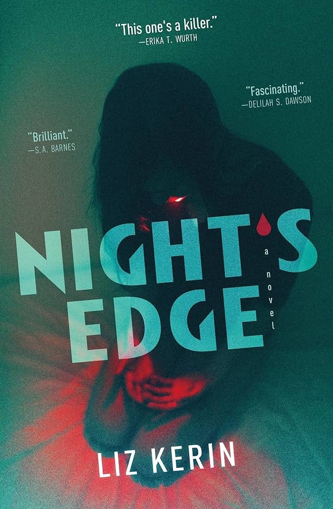 Cover of Night's Edge, a green background with a shadowy figure kneeling in red light