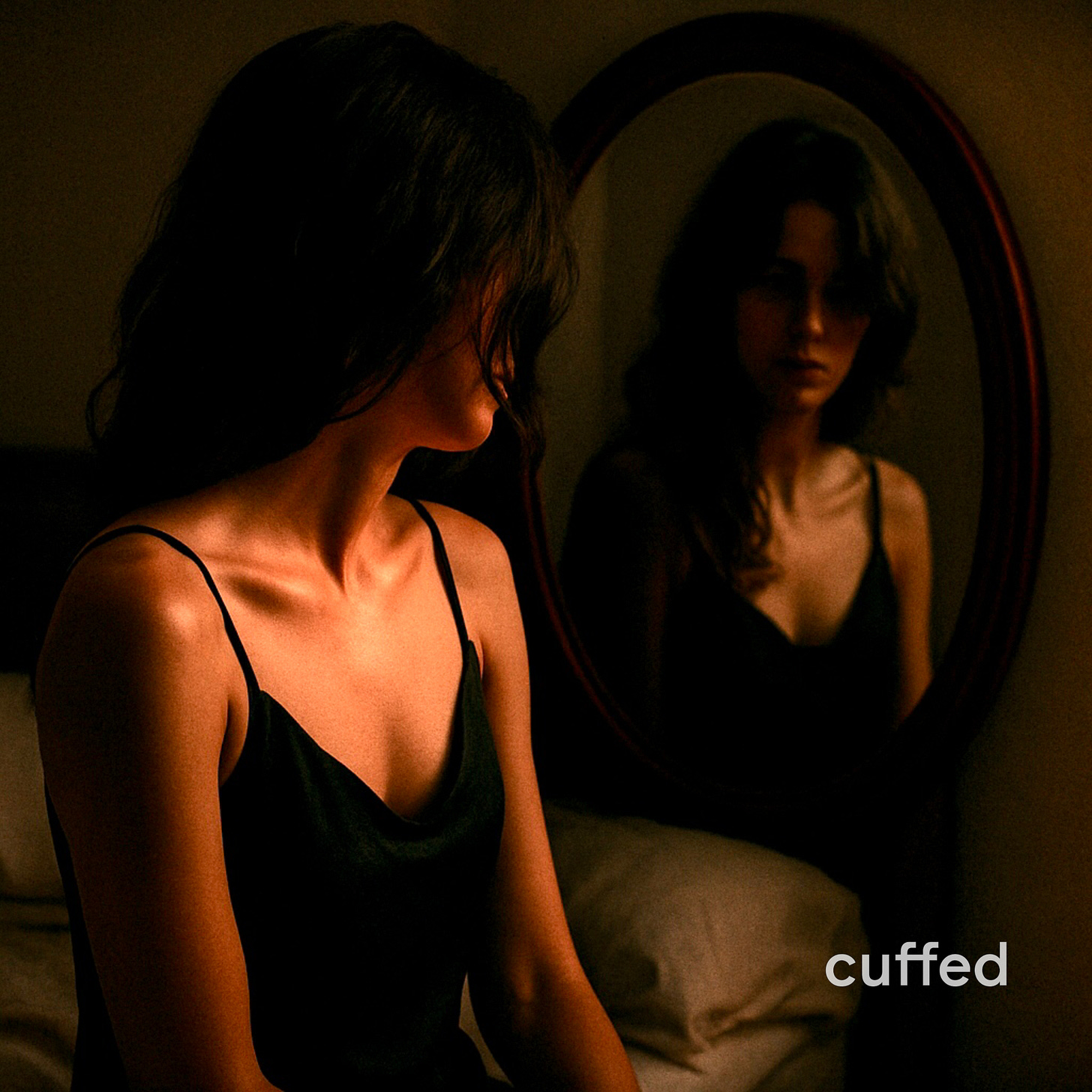 A woman in a black slip dress sits on a bed, her face turned away from the camera and reflected faintly in a dimly lit mirror. The atmosphere is moody and contemplative, symbolizing emotional distance and misperception. Visual for cuffed musing no. 4: a PSA to women — “he’s not softer. he’s safer. learn the difference.”