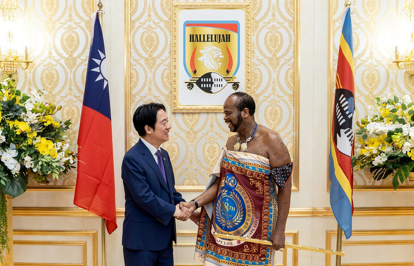 Taiwanese President Lai Ching-te shake hands with King Mswati III at Mandvulo Grand Hall