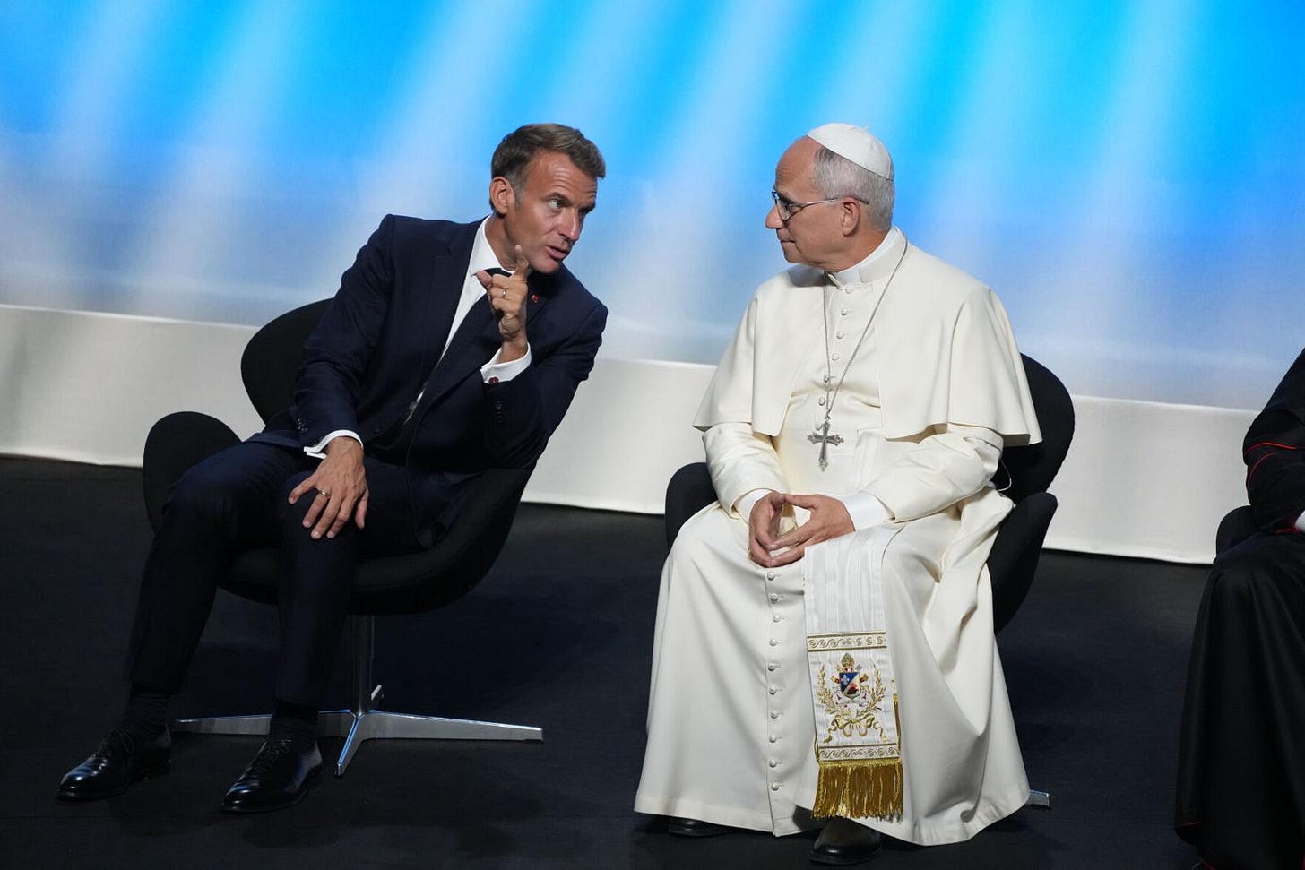 Pope Leo XIV listens to Emmanuel Macron in Metz Pope Leo XIV listens to Emmanuel Macron in Metz