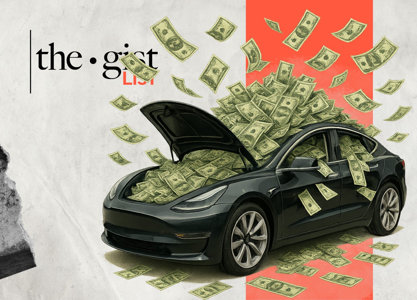 Tesla car overflowing with money from Elon Musk’s $1 trillion pay package